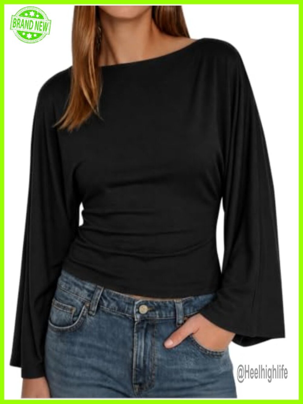 Women's Bell Long Sleeve Wrap Top Tie Back Boat Neck T Shirt Blouse